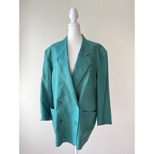 Kenzo City‎ Paris Blazer Jacket Women Size 40 Teal Linen Double Breasted Vintage